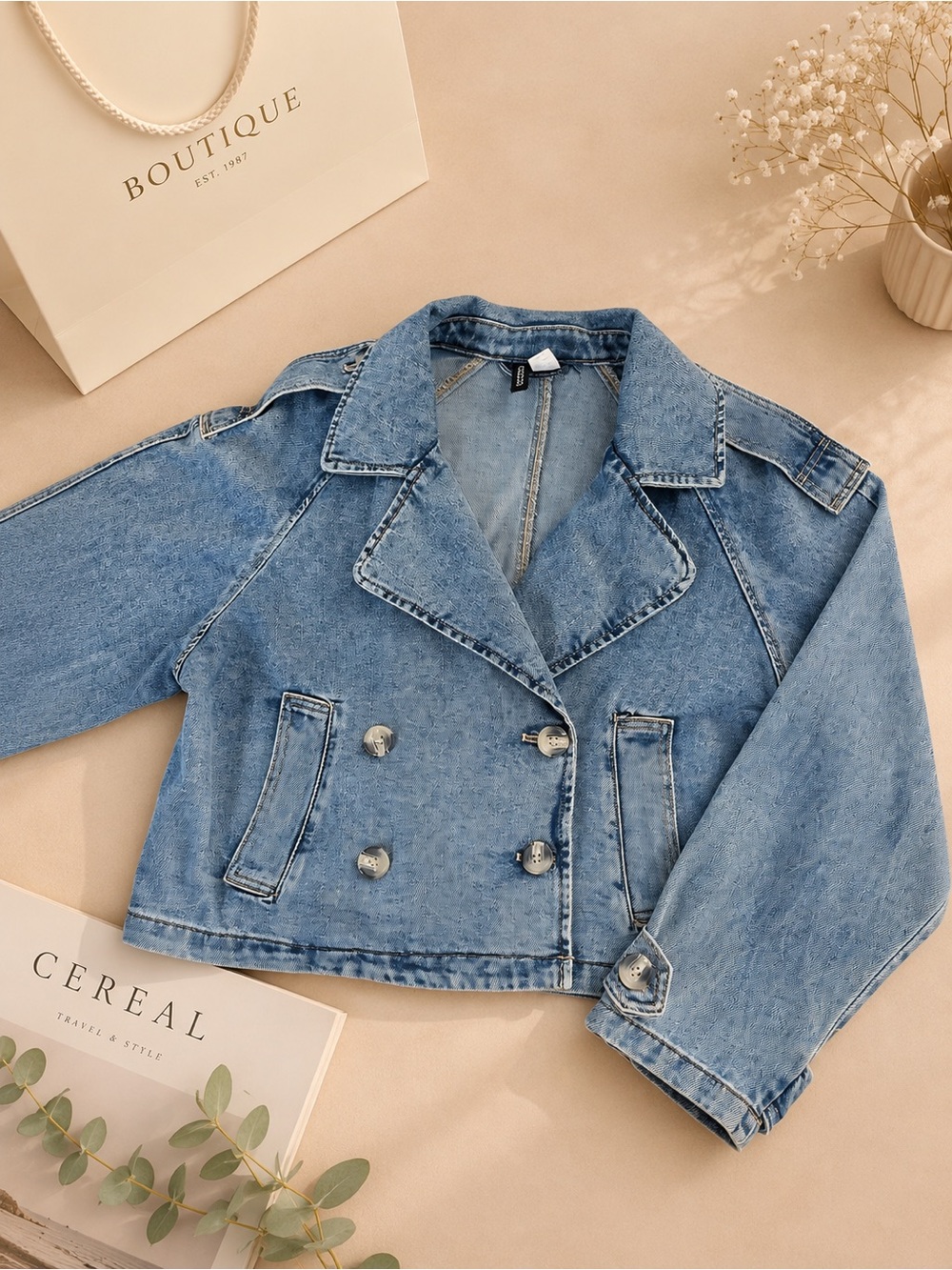 H&M Denim Cropped Trench Jacket Size S (Fits M) Double Breasted